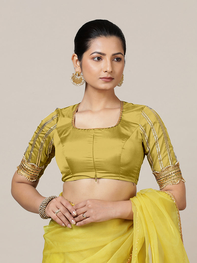 Aziza x Tyohaar | Elbow Sleeves Saree Blouse in Lemon Yellow-Binks