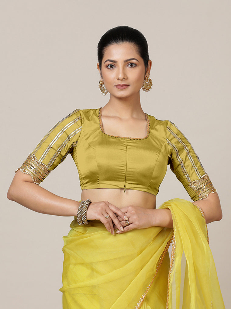 Aziza x Tyohaar Saree Blouse, in Yellow Vegan Silk, featuring elbow sleeves and square neckline, made for party & festive.