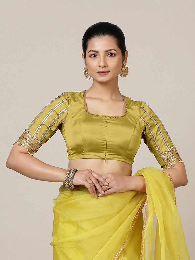 Aziza x Tyohaar | Elbow Sleeves Saree Blouse in Lemon Yellow-Binks