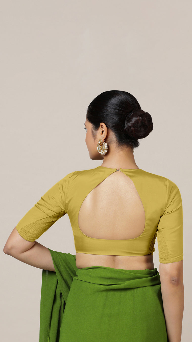 Aziza x Rozaana Saree Blouse, in Yellow Vegan Silk, featuring elbow sleeves and square neckline, made for daily & work (view 2).