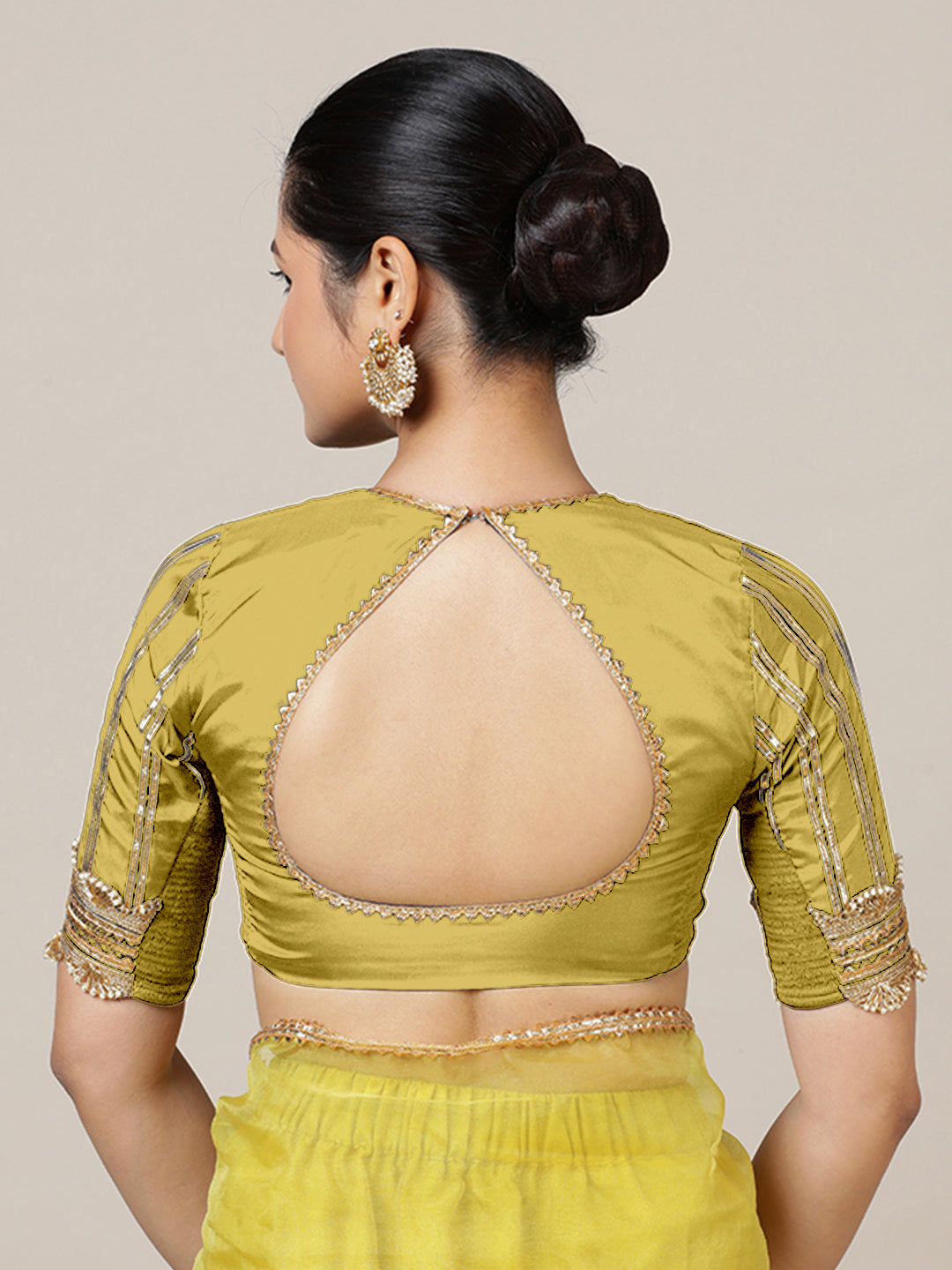Aziza x Tyohaar Saree Blouse, in Yellow Vegan Silk, featuring elbow sleeves and square neckline, made for party & festive.