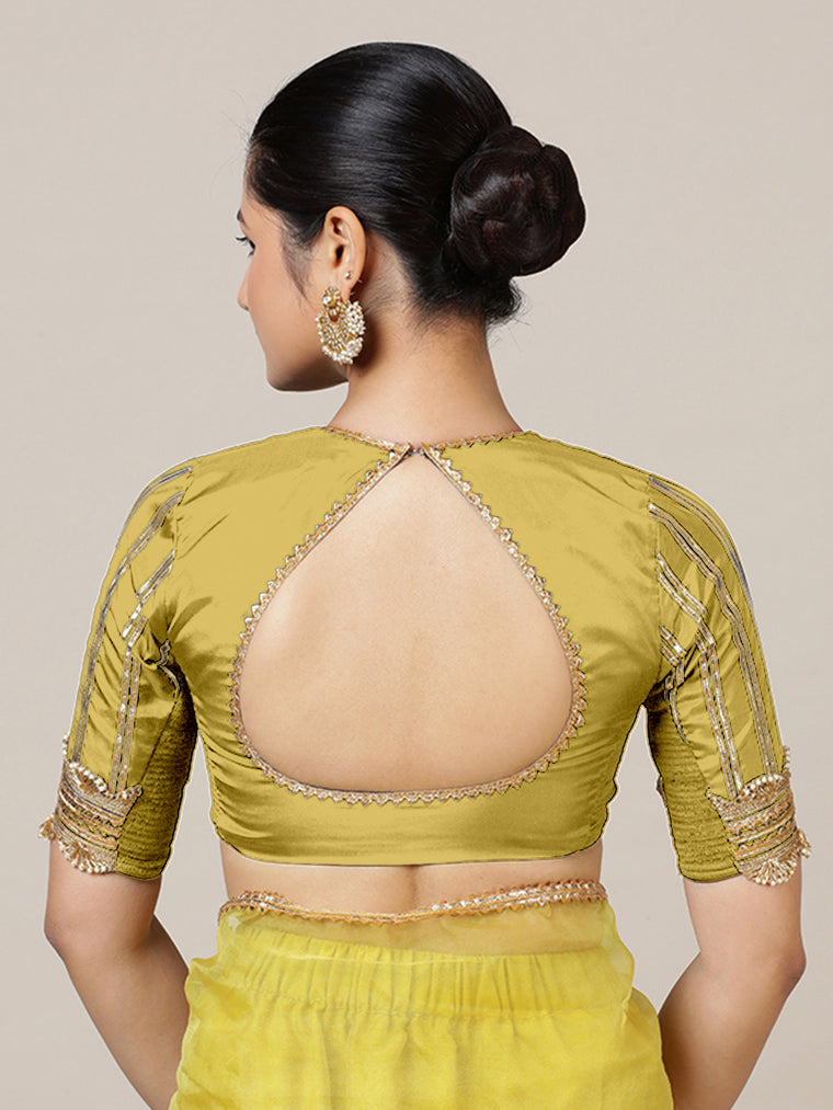 Aziza x Tyohaar Saree Blouse, in Yellow Vegan Silk, featuring elbow sleeves and square neckline, made for party & festive.