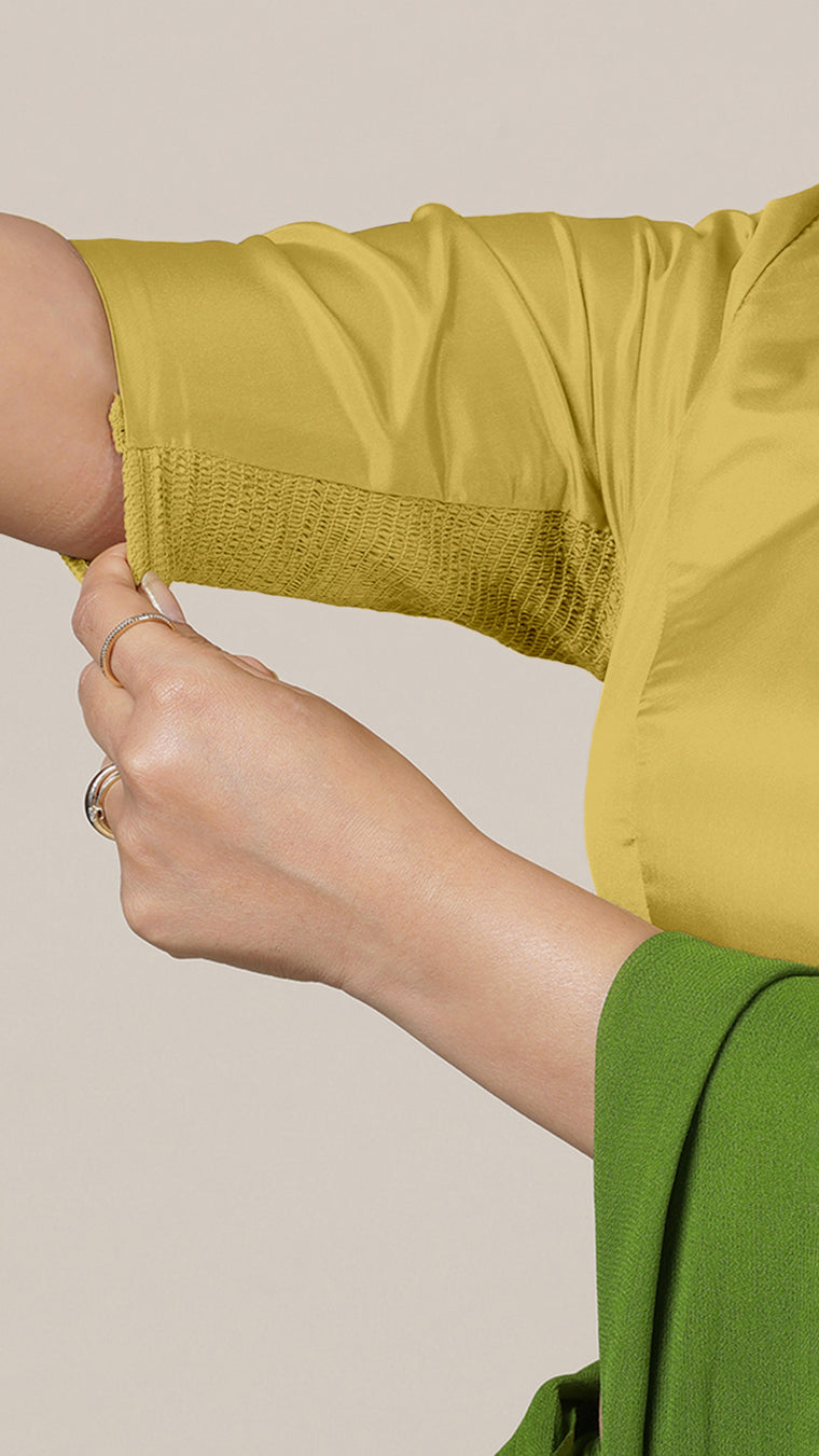 Aziza x Rozaana Saree Blouse, in Yellow Vegan Silk, featuring elbow sleeves and square neckline, made for daily & work (view 3).