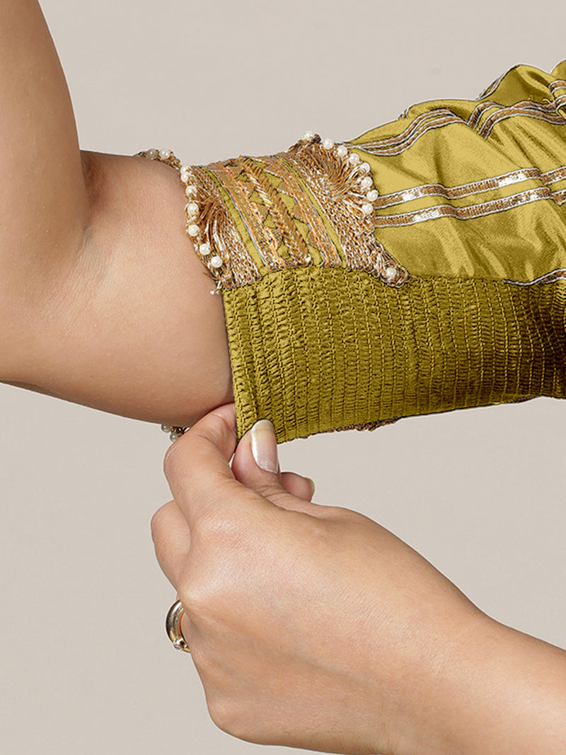 Aziza x Tyohaar | Elbow Sleeves Saree Blouse in Lemon Yellow-Binks