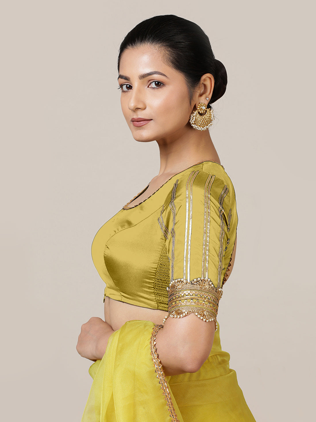 Aziza x Tyohaar Saree Blouse, in Yellow Vegan Silk, featuring elbow sleeves and square neckline, made for party & festive.
