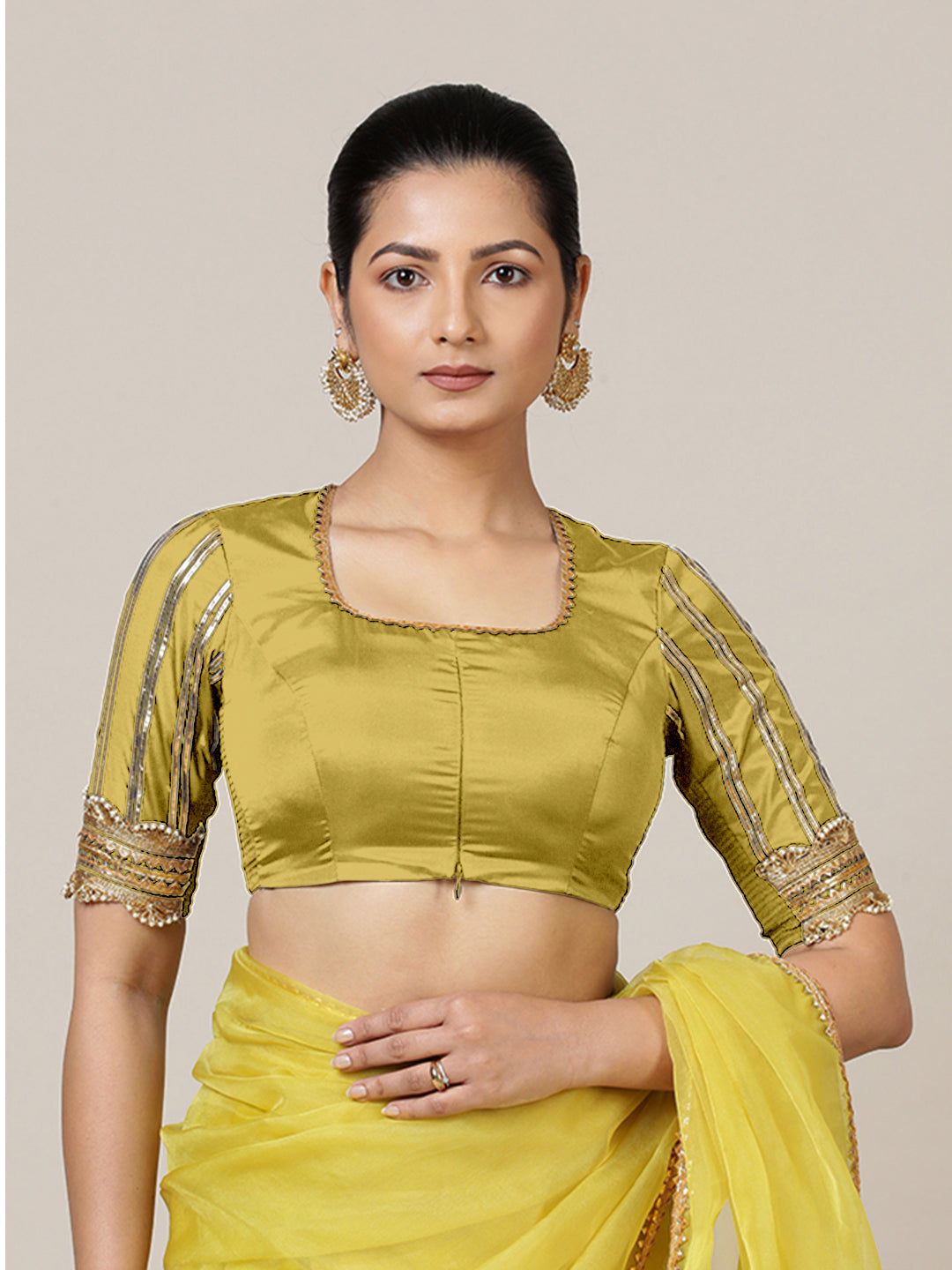 Aziza x Tyohaar Saree Blouse, in Yellow Vegan Silk, featuring elbow sleeves and square neckline, made for party & festive.