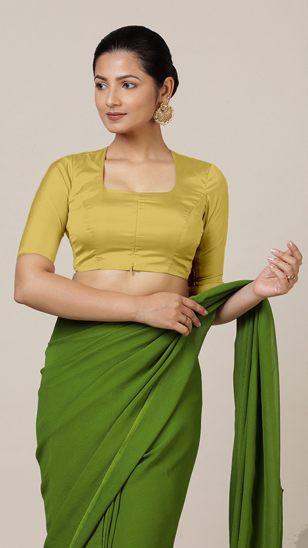 Aziza x Rozaana Saree Blouse, in Yellow Vegan Silk, featuring elbow sleeves and square neckline, made for daily & work (view 8).