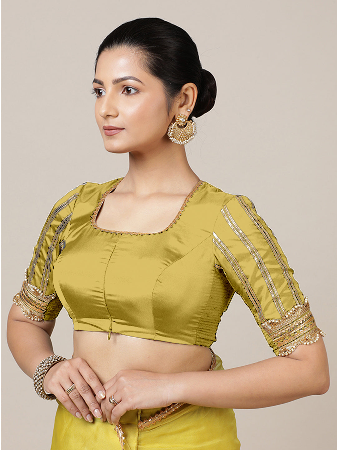 Aziza x Tyohaar Saree Blouse, in Yellow Vegan Silk, featuring elbow sleeves and square neckline, made for party & festive.