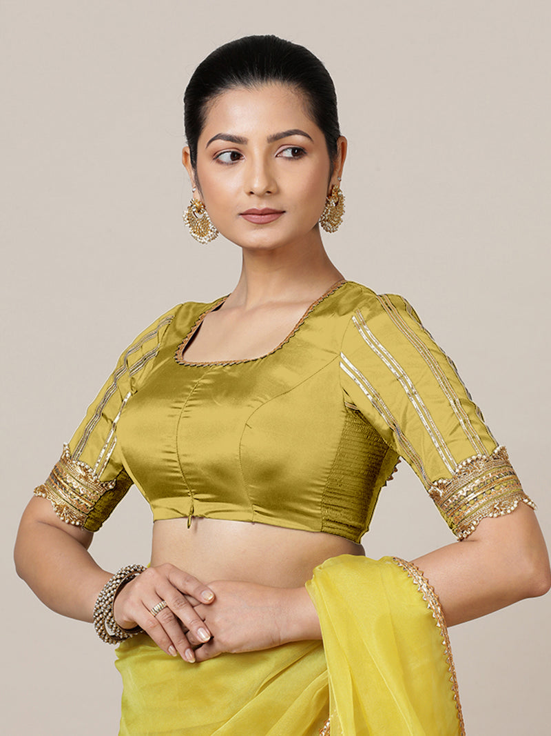 Aziza x Tyohaar | Elbow Sleeves Saree Blouse in Lemon Yellow-Binks