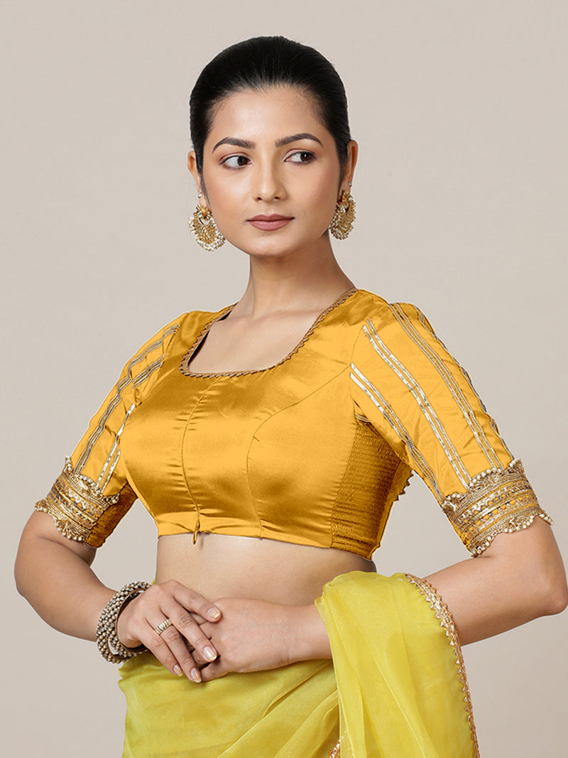 Aziza x Tyohaar | Elbow Sleeves Marigold Yellow FlexiFit™ Gota Embellished Saree Blouse with Square Neck-Binks