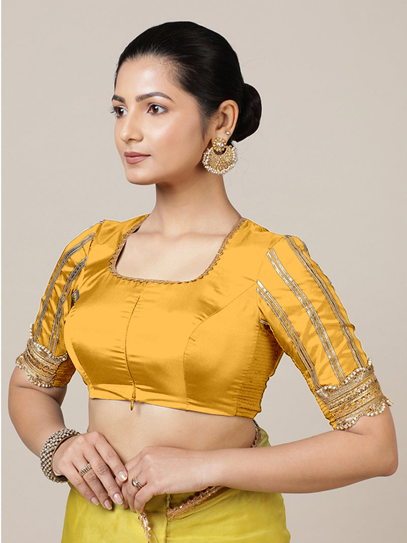 Aziza x Tyohaar | Elbow Sleeves Marigold Yellow FlexiFit™ Gota Embellished Saree Blouse with Square Neck-Binks