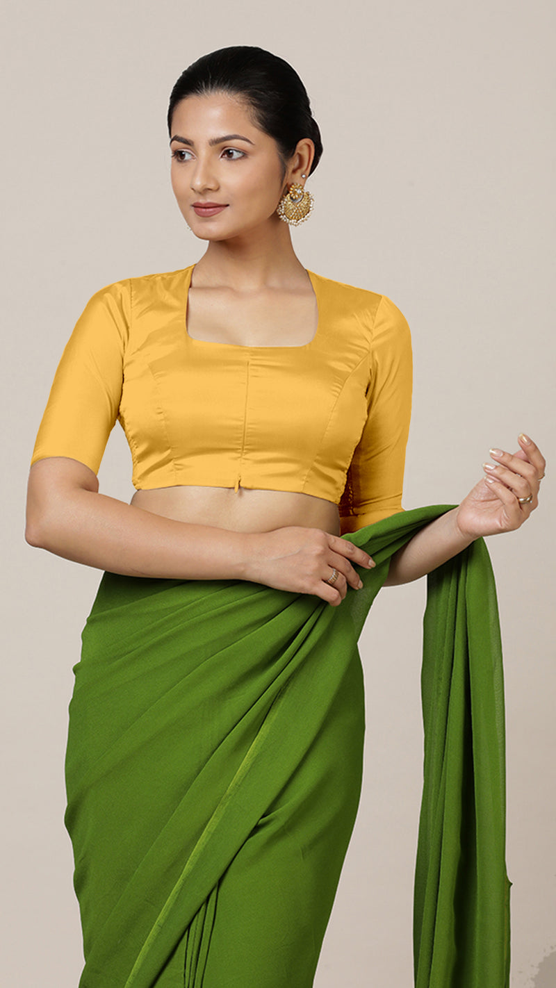 Aziza x Rozaana | Elbow Sleeves Marigold Yellow FlexiFit™ Saree Blouse with Square Neck-Binks