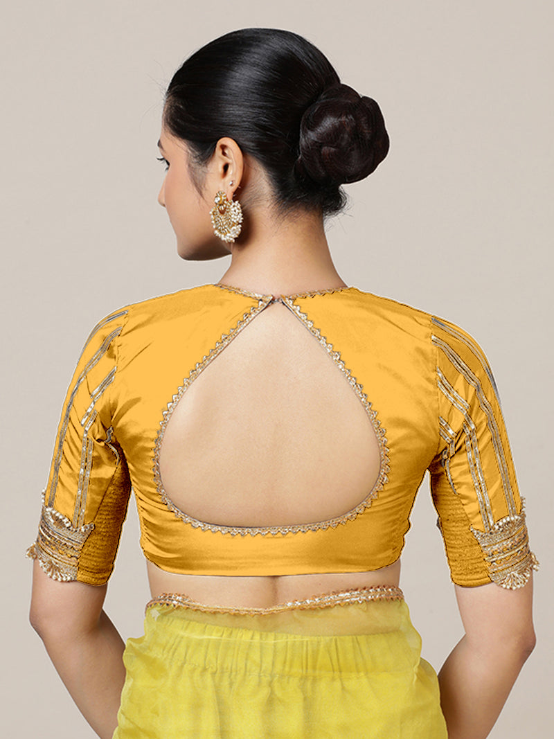 Aziza x Tyohaar | Elbow Sleeves Marigold Yellow FlexiFit™ Gota Embellished Saree Blouse with Square Neck-Binks