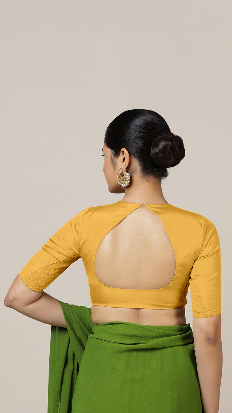 Aziza x Rozaana Saree Blouse, in Yellow Artificial Silk, featuring elbow sleeves and square neckline (view 2).