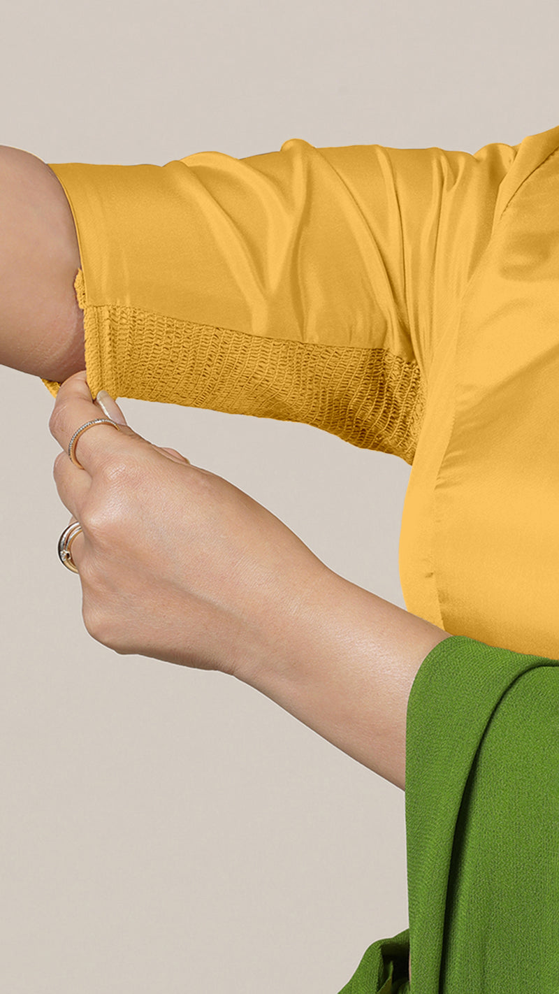 Aziza x Rozaana | Elbow Sleeves Marigold Yellow FlexiFit™ Saree Blouse with Square Neck-Binks