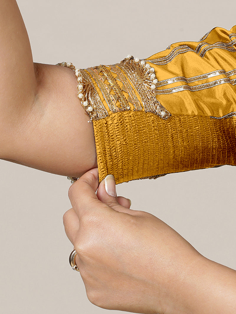 Aziza x Tyohaar | Elbow Sleeves Marigold Yellow FlexiFit™ Gota Embellished Saree Blouse with Square Neck-Binks