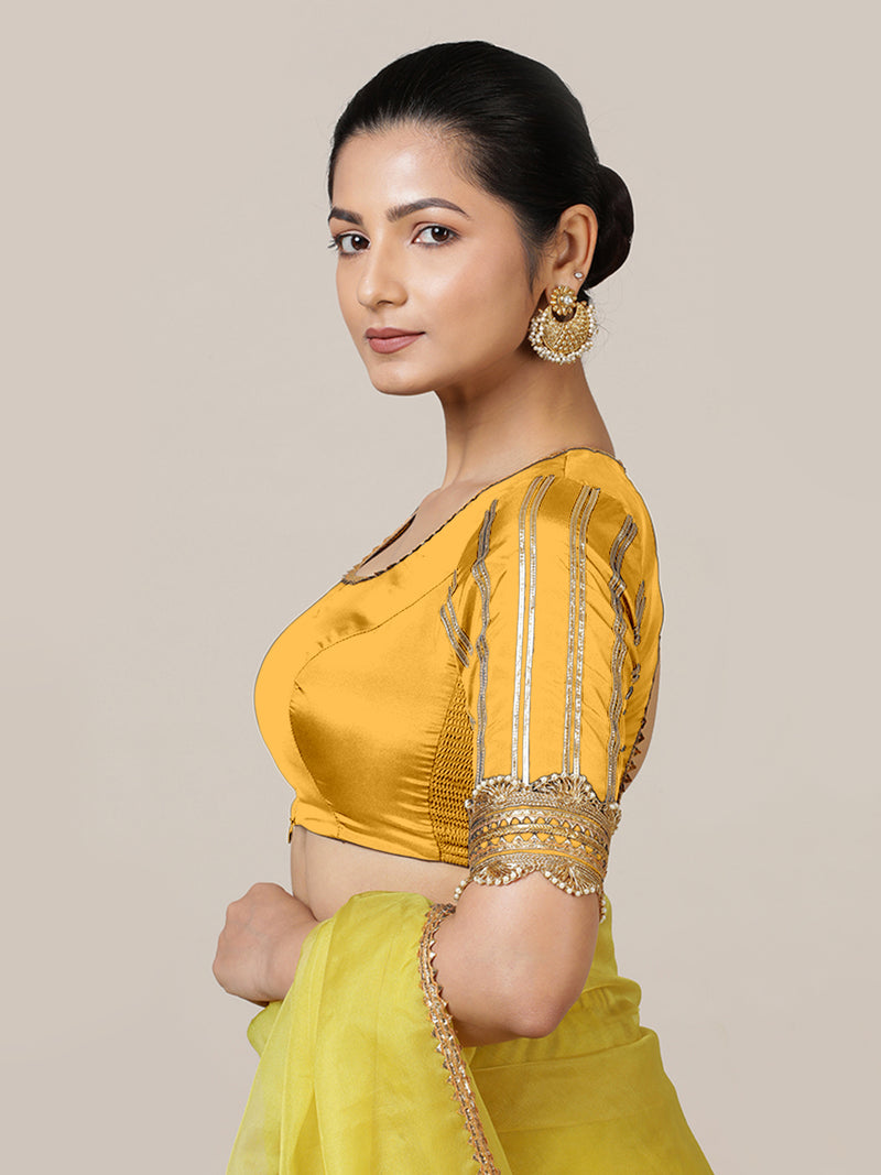 Aziza x Tyohaar | Elbow Sleeves Marigold Yellow FlexiFit™ Gota Embellished Saree Blouse with Square Neck-Binks