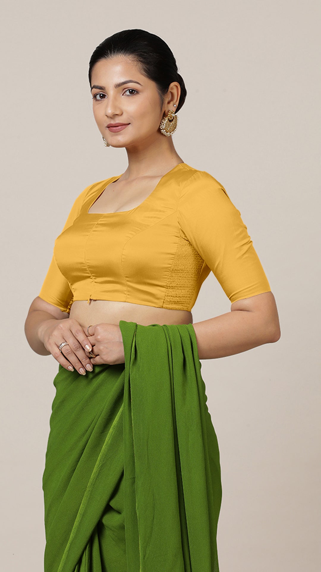 Aziza x Rozaana Saree Blouse, in Yellow Artificial Silk, featuring elbow sleeves and square neckline (view 6).