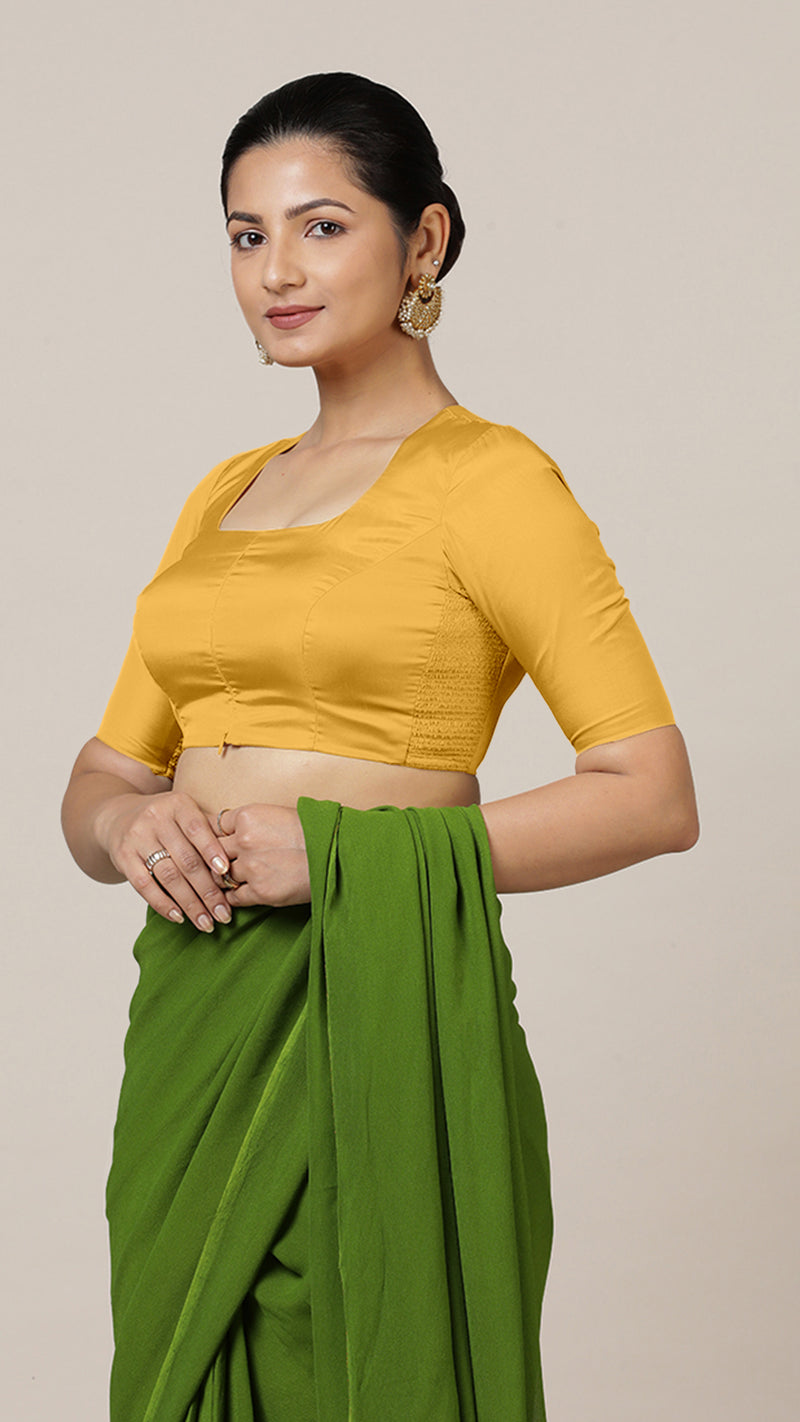 Aziza x Rozaana | Elbow Sleeves Marigold Yellow FlexiFit™ Saree Blouse with Square Neck-Binks