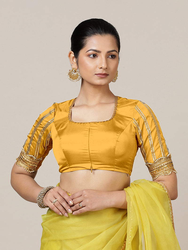 Aziza x Tyohaar | Elbow Sleeves Marigold Yellow FlexiFit™ Gota Embellished Saree Blouse with Square Neck-Binks