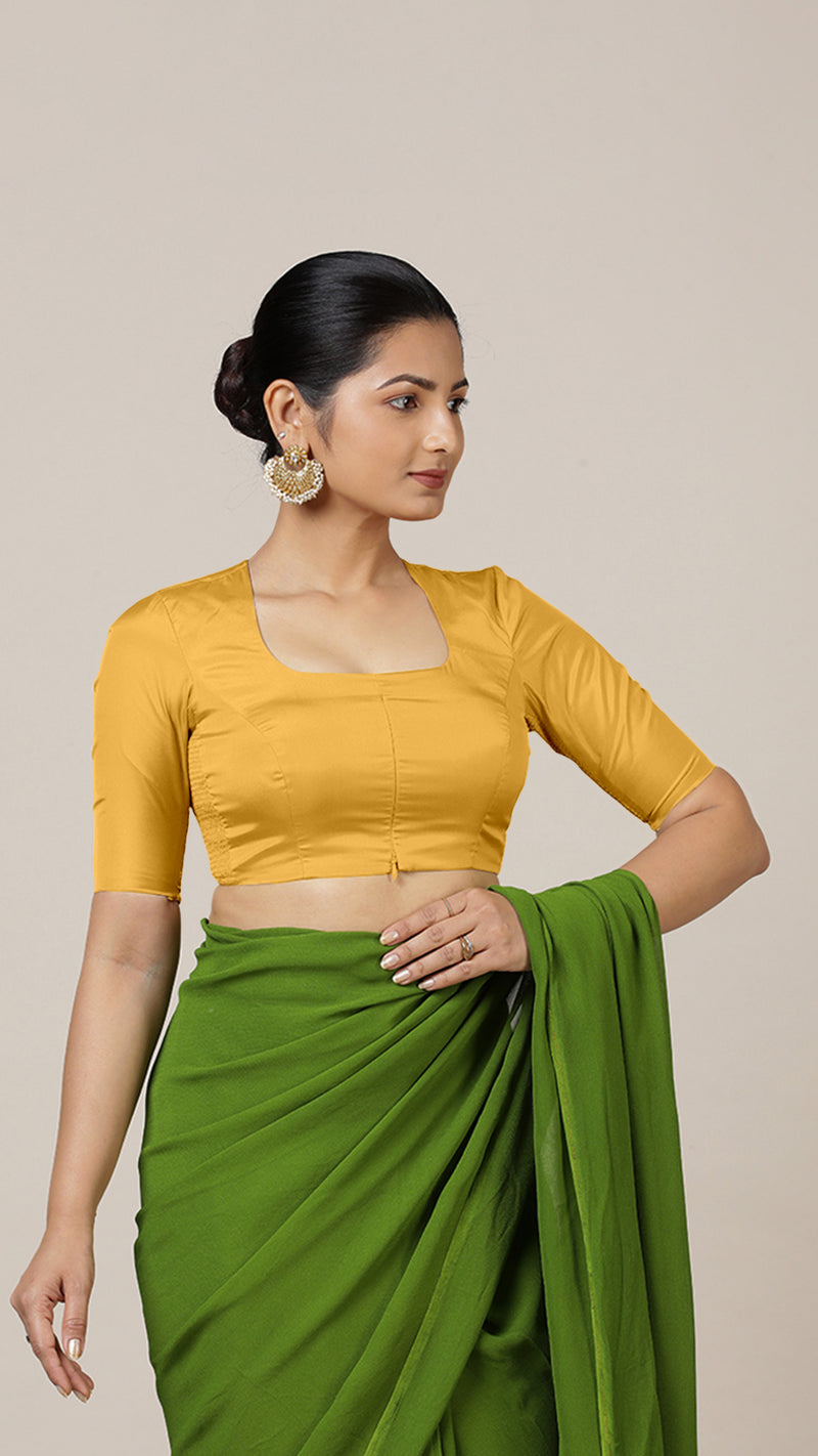 Aziza x Rozaana | Elbow Sleeves Marigold Yellow FlexiFit™ Saree Blouse with Square Neck-Binks