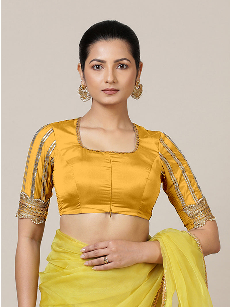 Aziza x Tyohaar | Elbow Sleeves Marigold Yellow FlexiFit™ Gota Embellished Saree Blouse with Square Neck-Binks