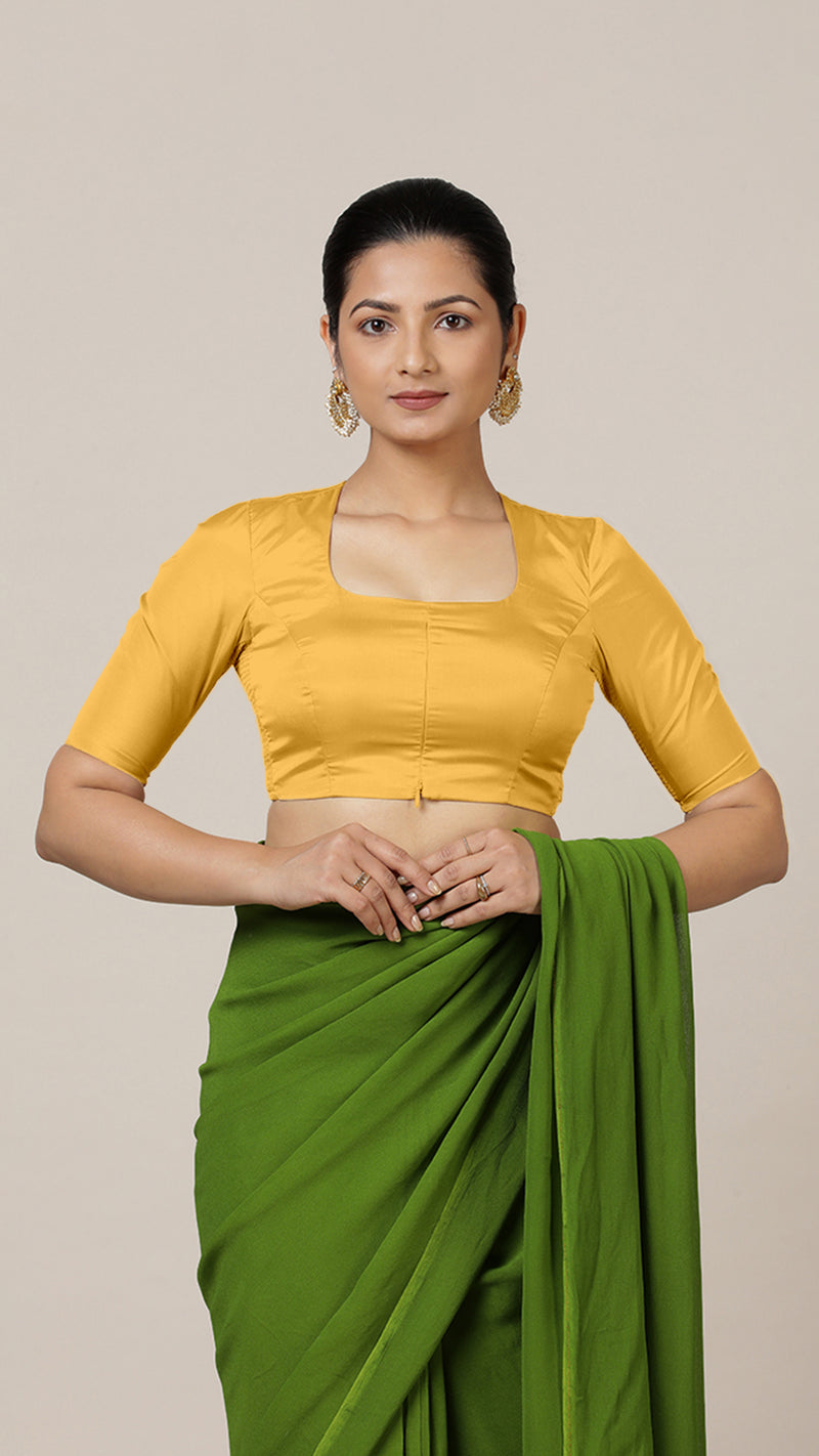 Aziza x Rozaana | Elbow Sleeves Marigold Yellow FlexiFit™ Saree Blouse with Square Neck-Binks