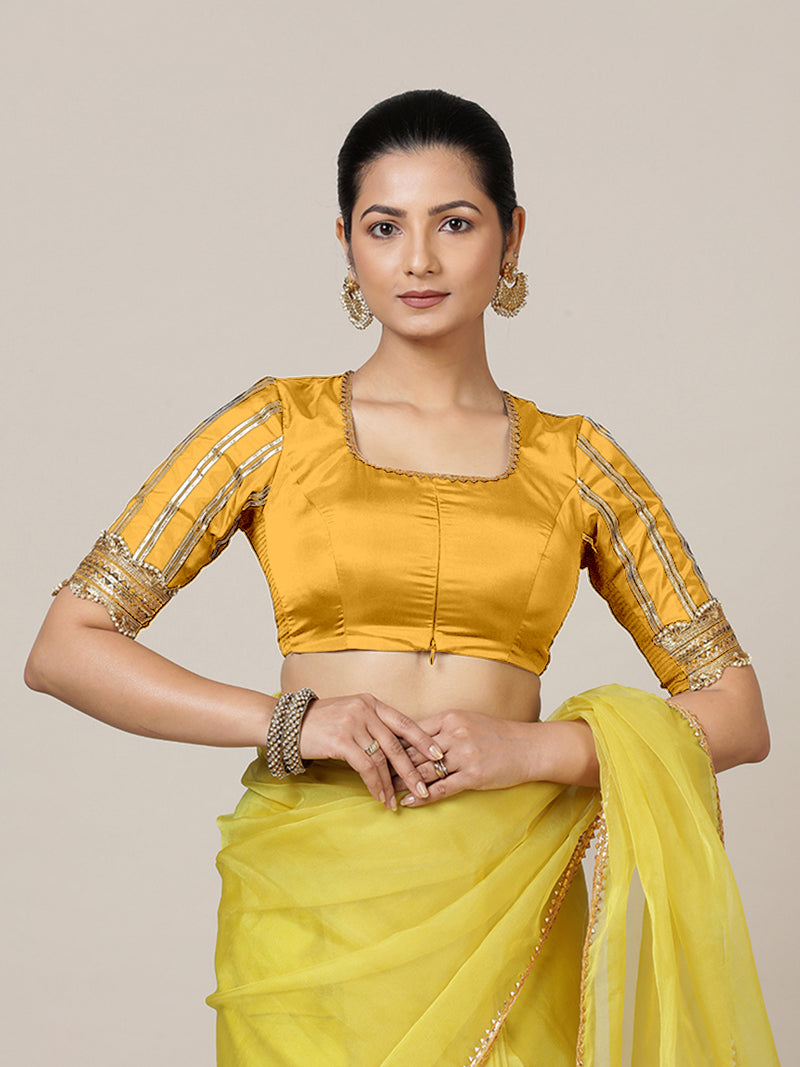 Aziza x Tyohaar | Elbow Sleeves Marigold Yellow FlexiFit™ Gota Embellished Saree Blouse with Square Neck-Binks