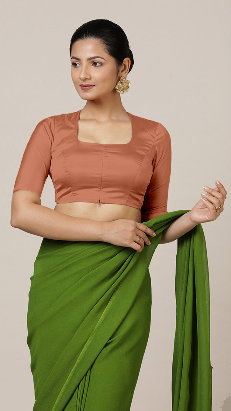 Aziza x Rozaana Saree Blouse, in Copper Vegan Silk, featuring elbow sleeves and square neckline, made for daily & work.
