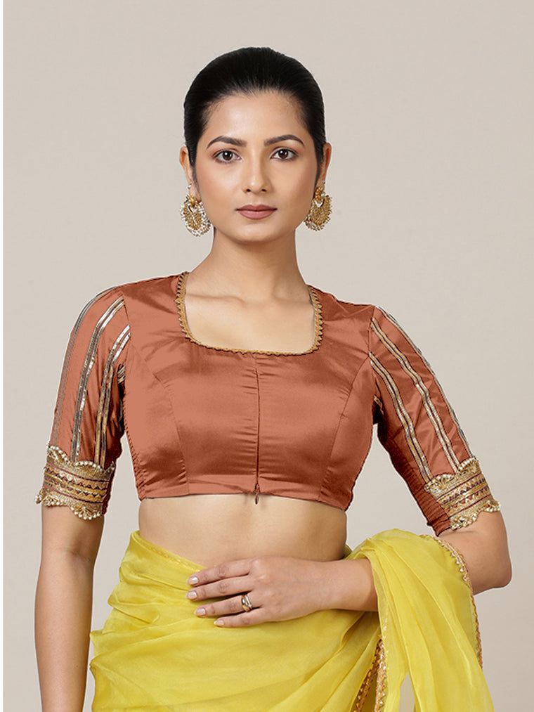 Aziza x Tyohaar Saree Blouse, in Copper Vegan Silk, featuring elbow sleeves and square neckline, made for party & festive.