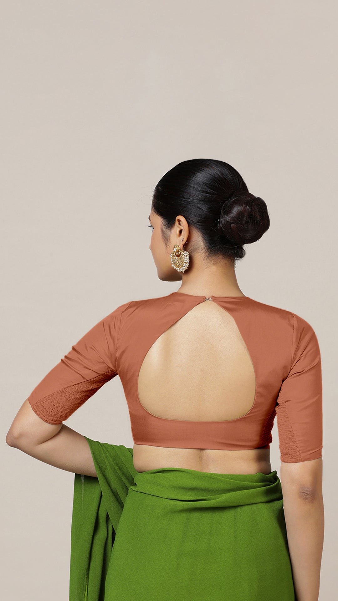 Aziza x Rozaana Saree Blouse, in Copper Vegan Silk, featuring elbow sleeves and square neckline, made for daily & work (view 2).