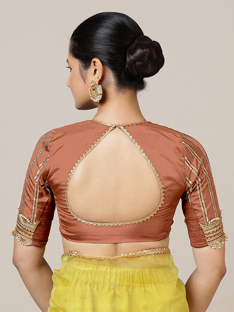 Aziza x Tyohaar Saree Blouse, in Copper Vegan Silk, featuring elbow sleeves and square neckline, made for party & festive.