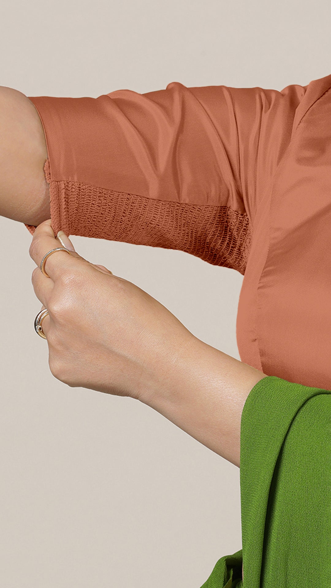 Aziza x Rozaana Saree Blouse, in Copper Vegan Silk, featuring elbow sleeves and square neckline, made for daily & work (view 3).