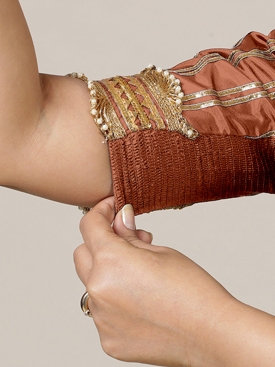 Aziza x Tyohaar Saree Blouse, in Copper Vegan Silk, featuring elbow sleeves and square neckline, made for party & festive.