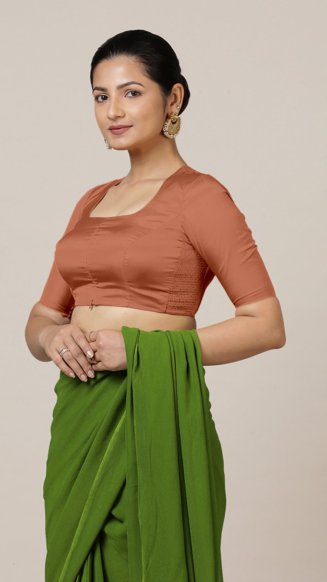 Aziza x Rozaana Saree Blouse, in Copper Vegan Silk, featuring elbow sleeves and square neckline, made for daily & work (view 6).