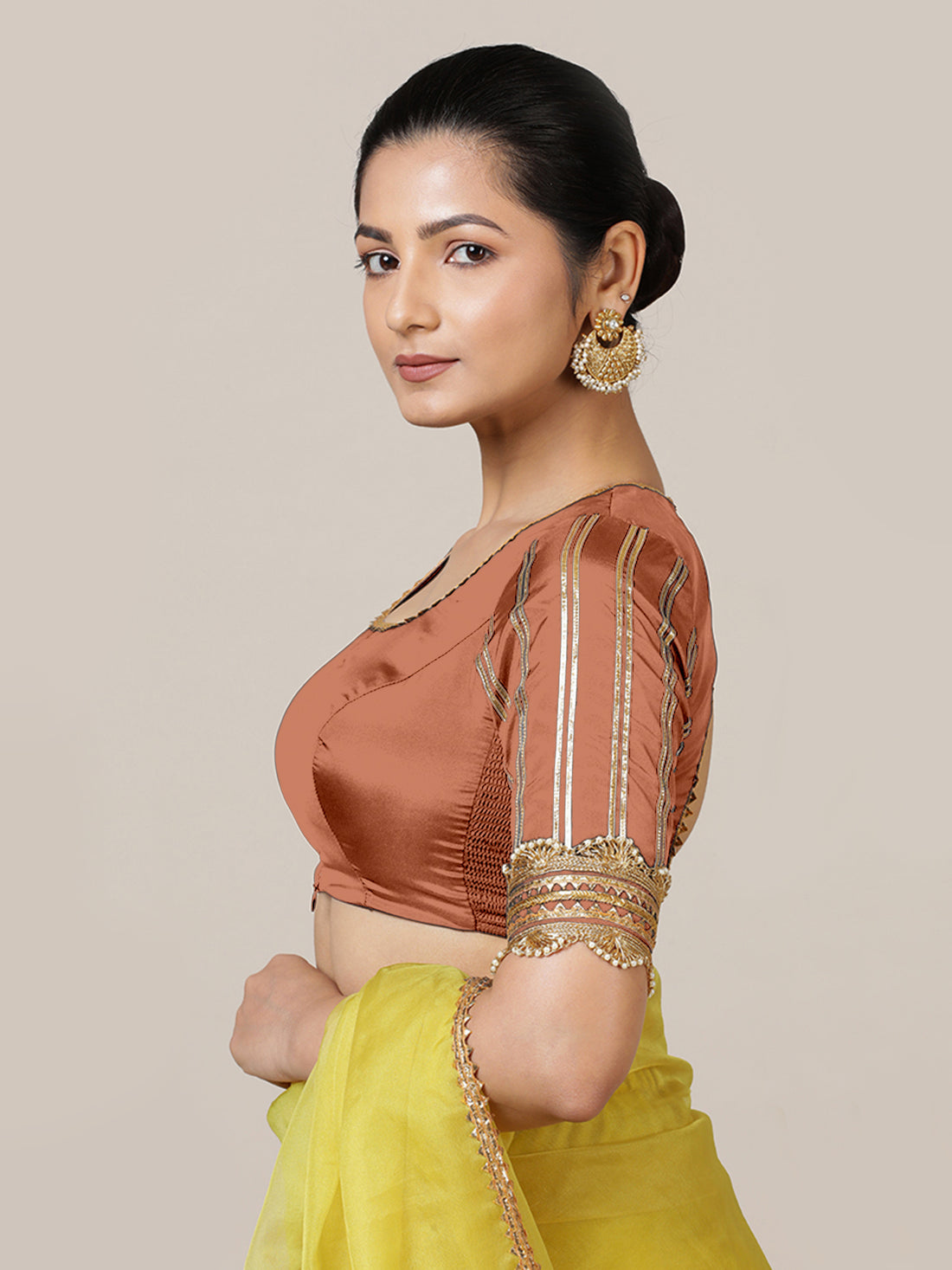 Aziza x Tyohaar Saree Blouse, in Copper Vegan Silk, featuring elbow sleeves and square neckline, made for party & festive.