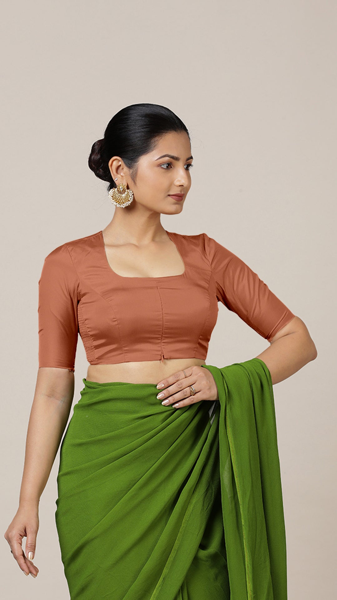 Aziza x Rozaana Saree Blouse, in Copper Vegan Silk, featuring elbow sleeves and square neckline, made for daily & work (view 7).