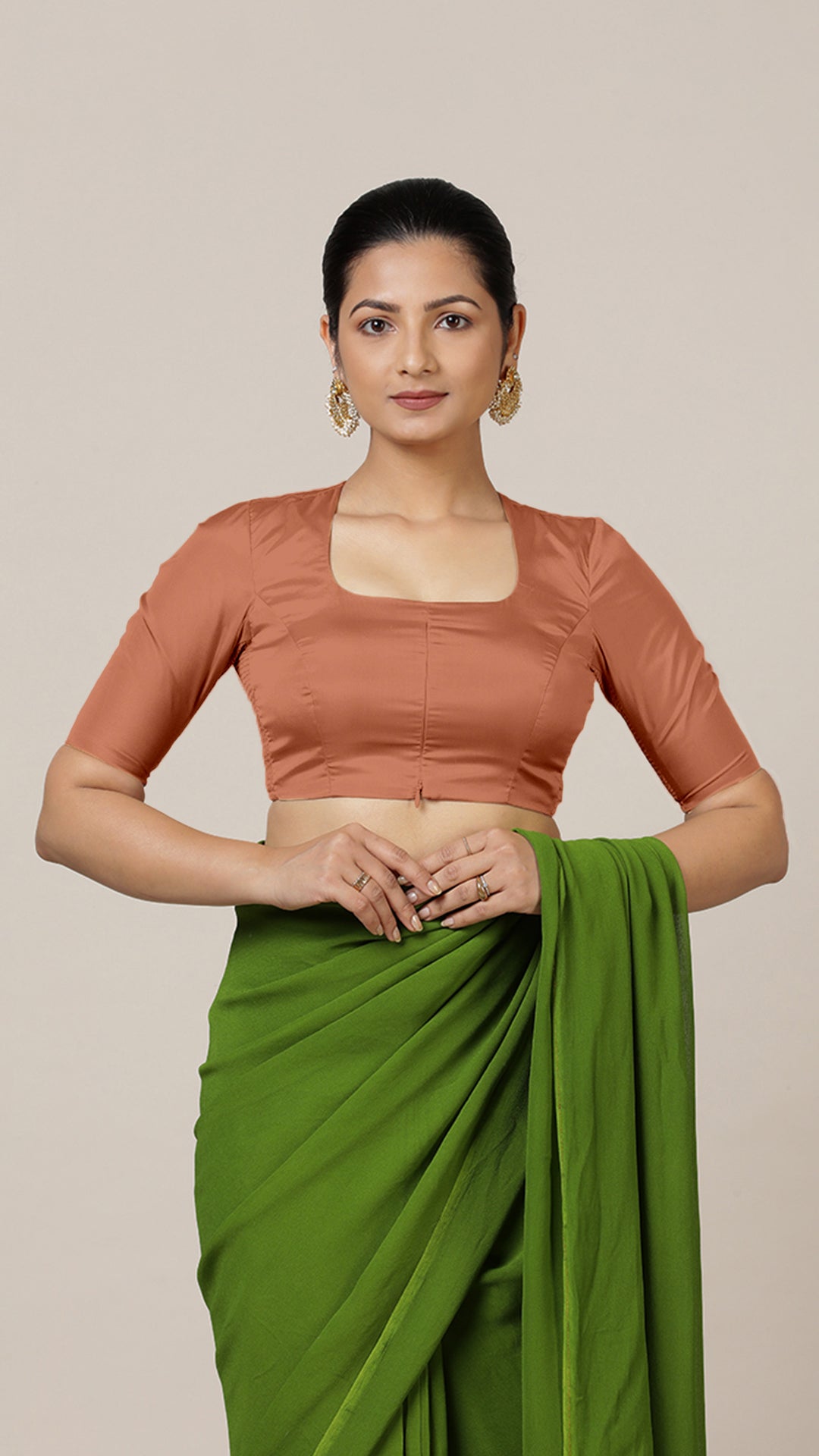 Aziza x Rozaana Saree Blouse, in Copper Vegan Silk, featuring elbow sleeves and square neckline, made for daily & work (view 8).