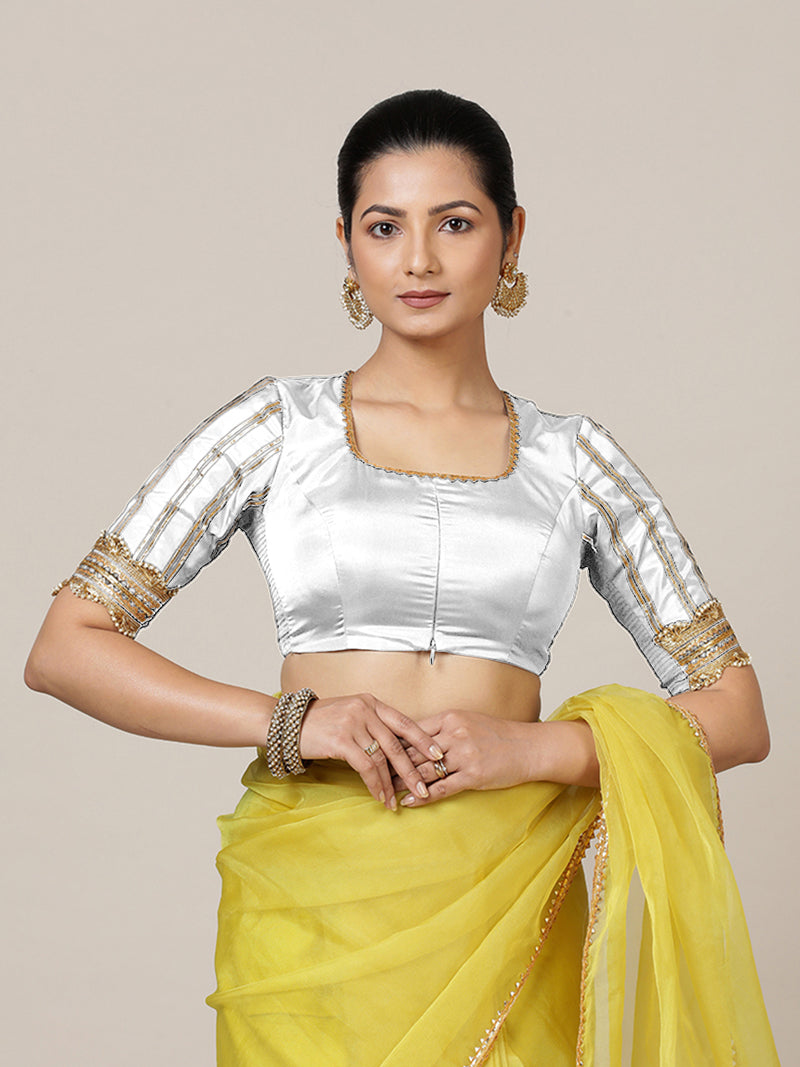 Aziza x Tyohaar | Elbow Sleeves Saree Blouse in Pearl White-Binks