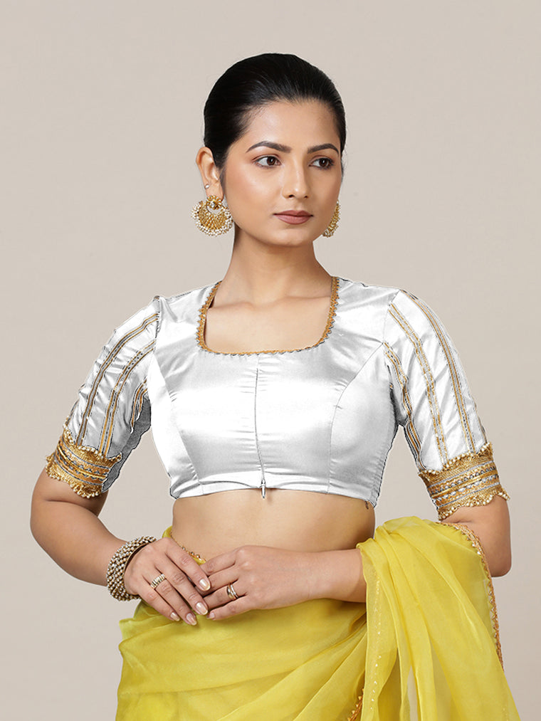 Aziza x Tyohaar Saree Blouse, in White Vegan Silk, featuring elbow sleeves and square neckline, made for party & festive.