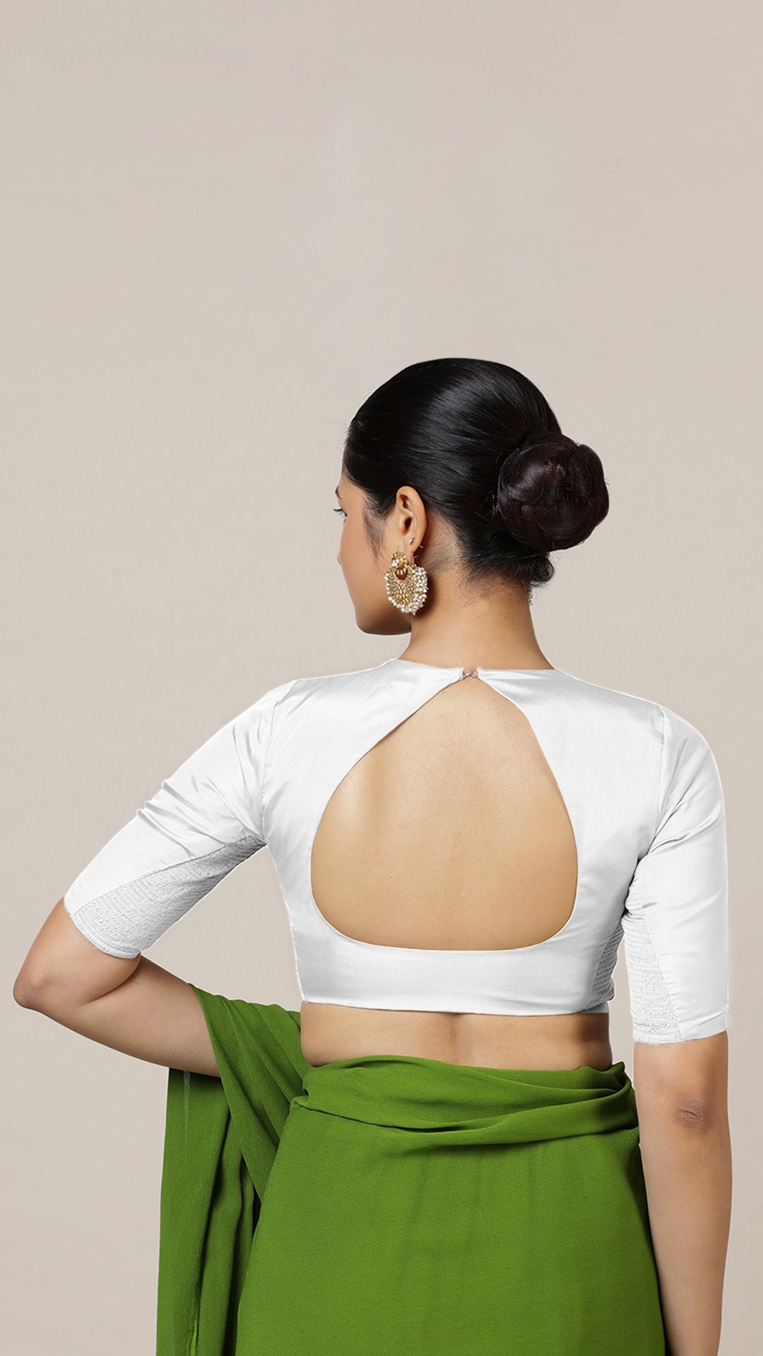 Aziza x Rozaana Saree Blouse, in White Vegan Silk, featuring elbow sleeves and square neckline, made for daily & work (view 2).