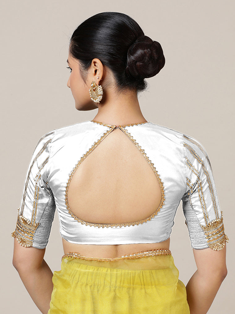 Aziza x Tyohaar Saree Blouse, in White Vegan Silk, featuring elbow sleeves and square neckline, made for party & festive.