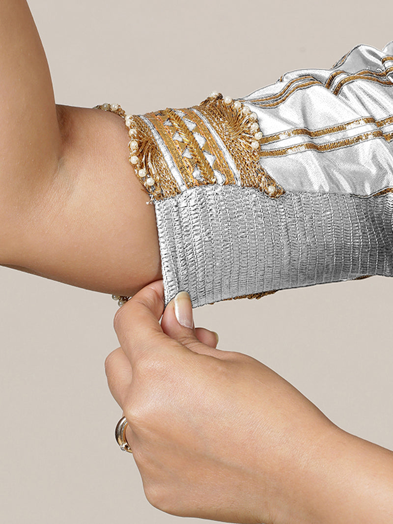 Aziza x Tyohaar | Elbow Sleeves Saree Blouse in Pearl White-Binks