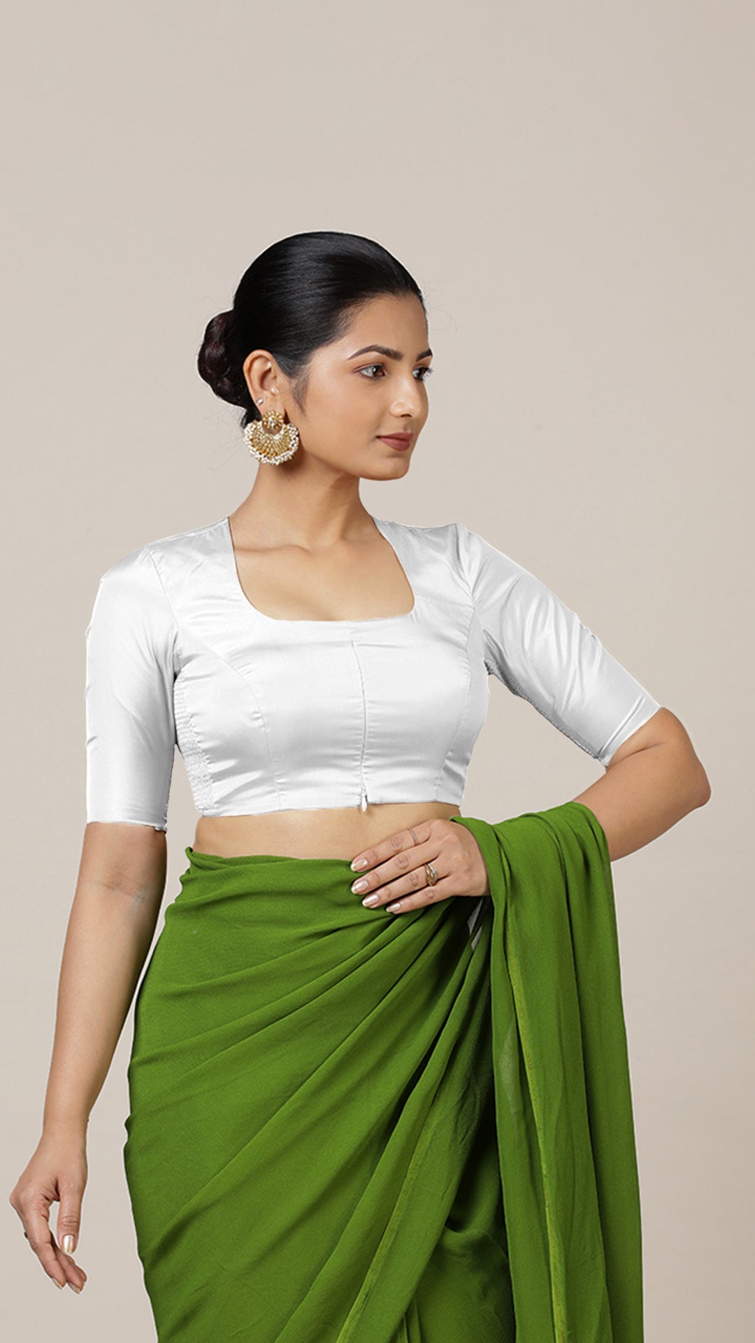 Aziza x Rozaana Saree Blouse, in White Vegan Silk, featuring elbow sleeves and square neckline, made for daily & work (view 6).