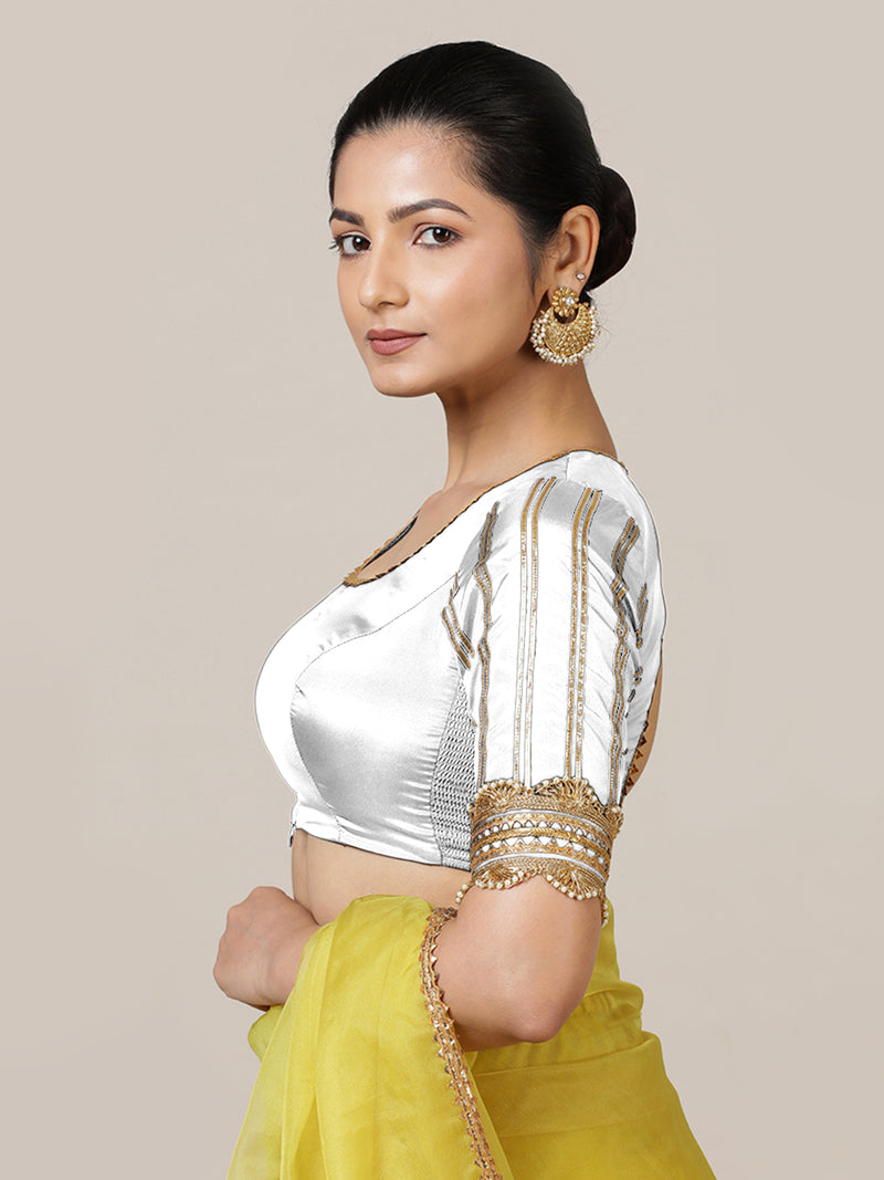Aziza x Tyohaar | Elbow Sleeves Saree Blouse in Pearl White-Binks