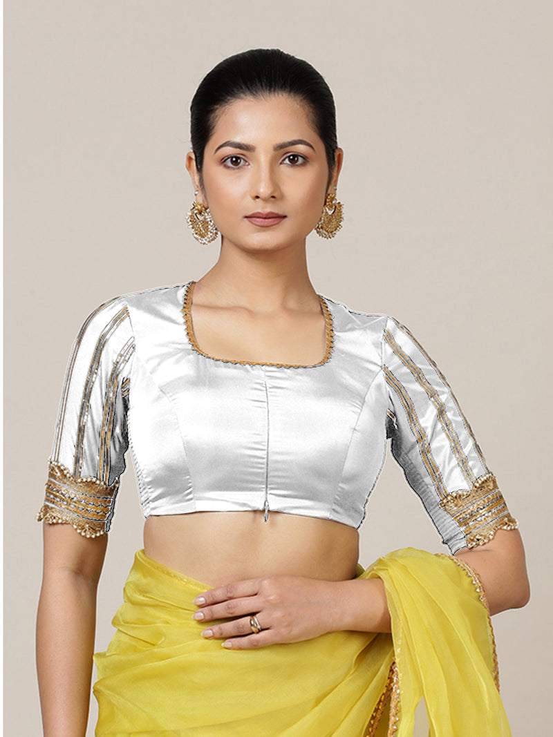 Aziza x Tyohaar | Elbow Sleeves Saree Blouse in Pearl White-Binks