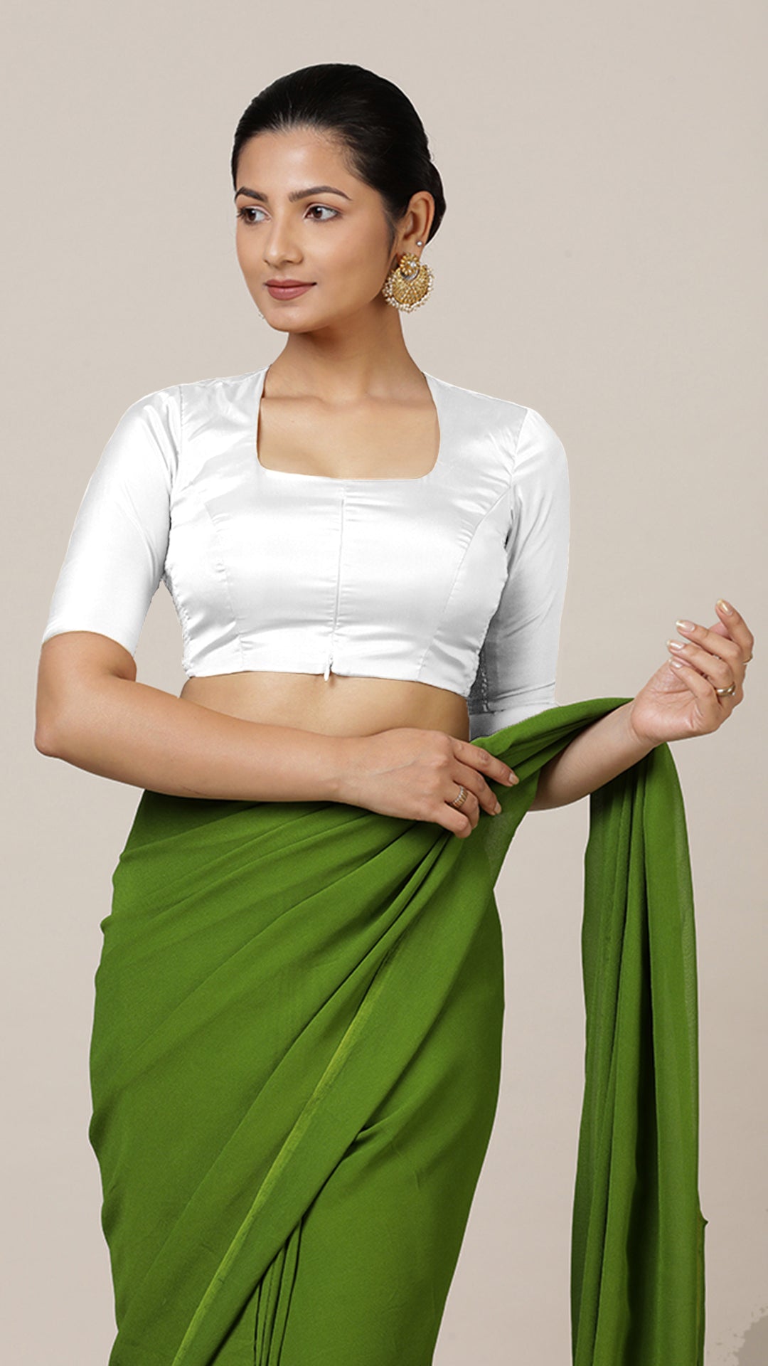 Aziza x Rozaana Saree Blouse, in White Vegan Silk, featuring elbow sleeves and square neckline, made for daily & work (view 8).