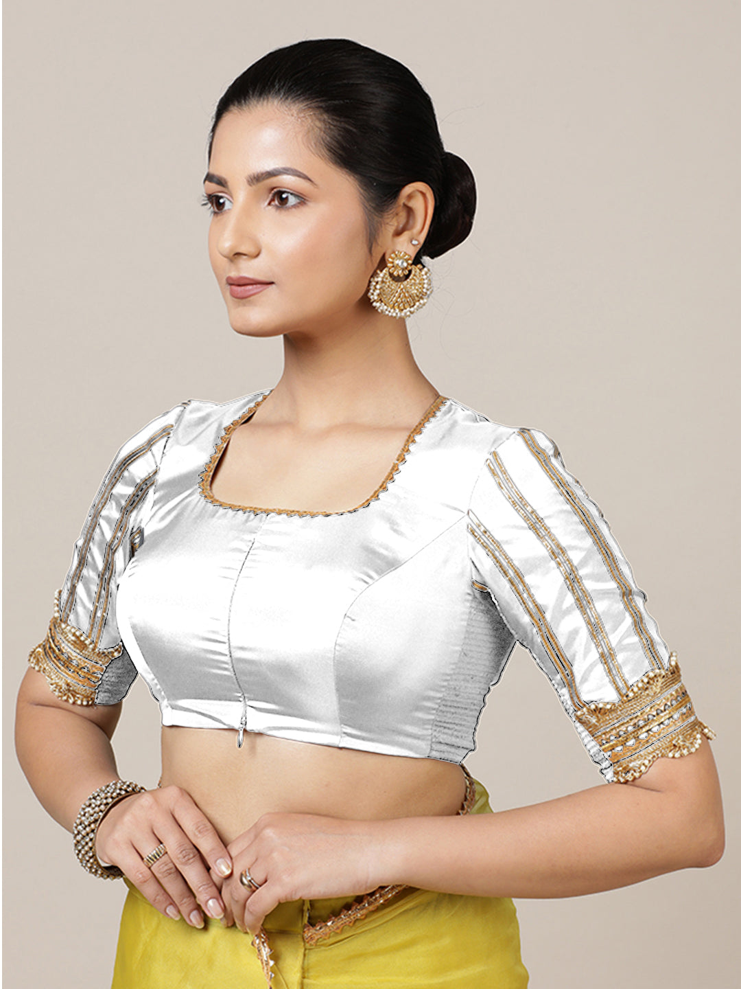 Aziza x Tyohaar Saree Blouse, in White Vegan Silk, featuring elbow sleeves and square neckline, made for party & festive.