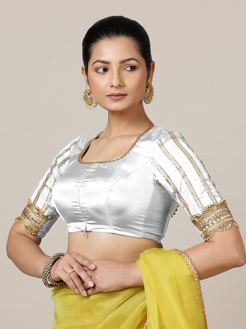 Aziza x Tyohaar | Elbow Sleeves Saree Blouse in Pearl White-Binks