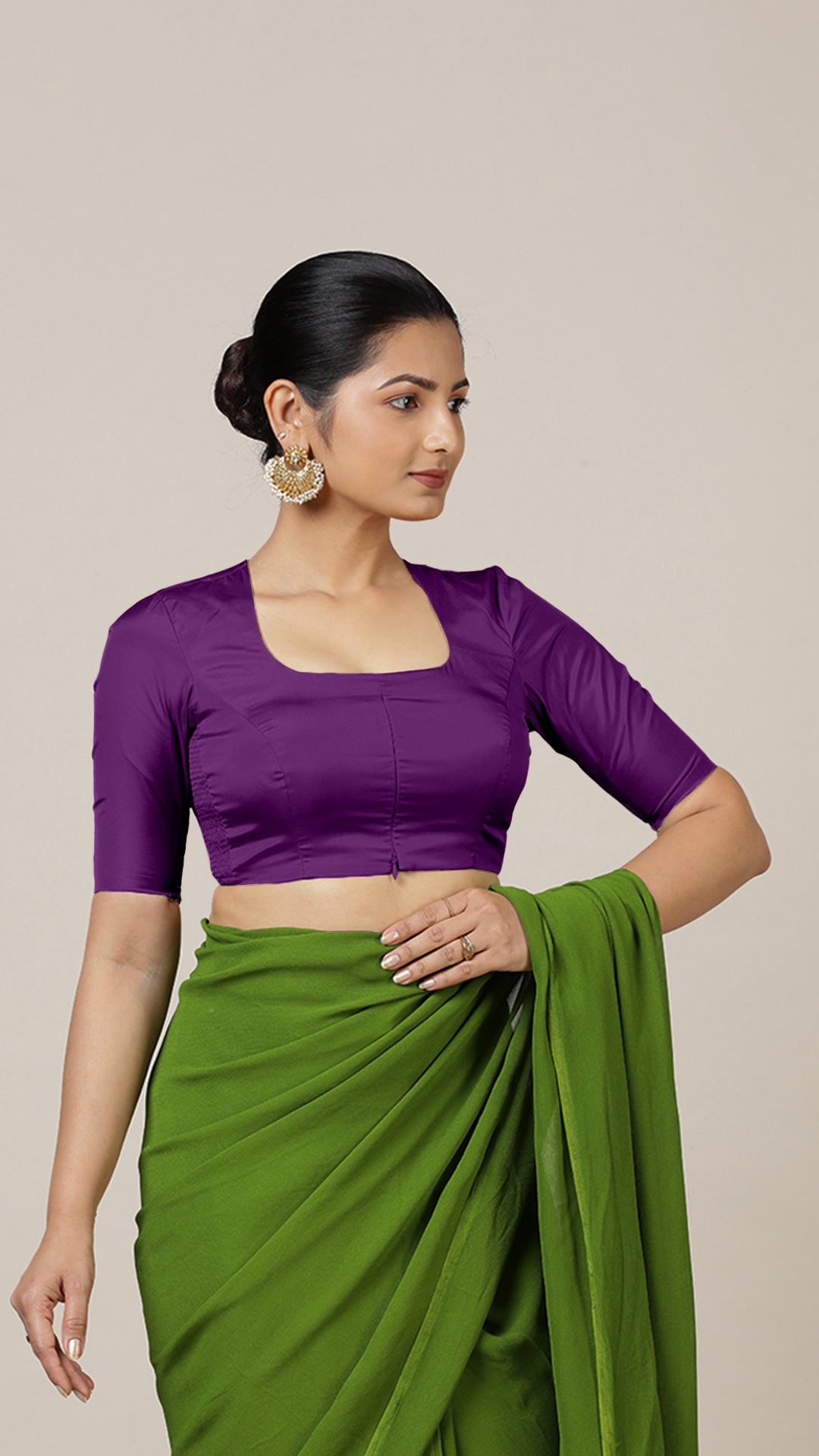Aziza x Rozaana Saree Blouse, in Purple Vegan Silk, featuring elbow sleeves and square neckline, made for daily & work.